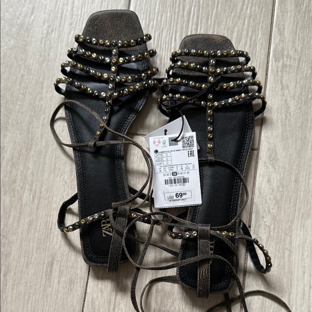 Zara Black and Brown Studded Sandals